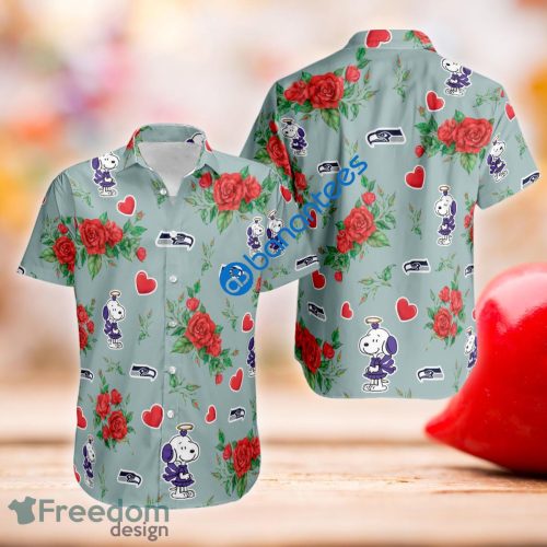 Rose Love Snoopy Cute Girl And Seattle Seahawks Hawaiian Shirt AOP Valentines Day - Rose Love Snoopy Cute Girl And Seattle Seahawks Hawaiian Shirt AOP Valentines Day