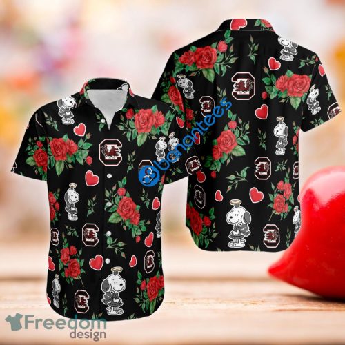 Rose Love Snoopy Cute Girl And South Carolina Gamecocks 3D Hawaiian Shirt Valentines Day - Rose Love Snoopy Cute Girl And South Carolina Gamecocks 3D Hawaiian Shirt Valentines Day