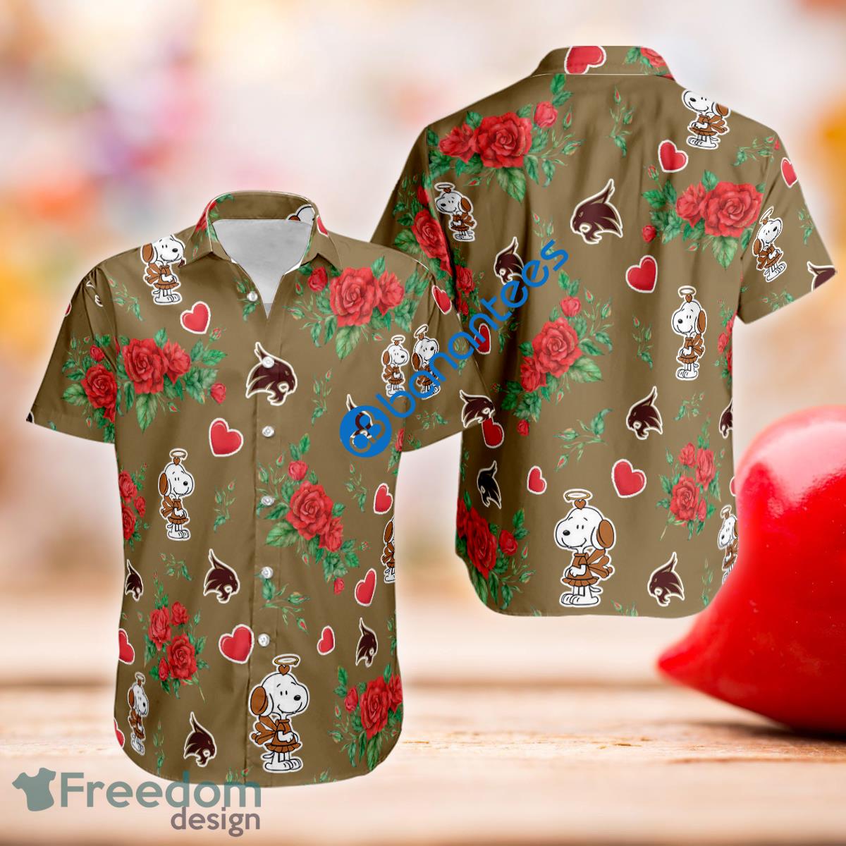 Rose Love Snoopy Cute Girl And Texas State Bobcats 3D Hawaiian Shirt Valentines Day - Rose Love Snoopy Cute Girl And Texas State Bobcats 3D Hawaiian Shirt Valentines Day