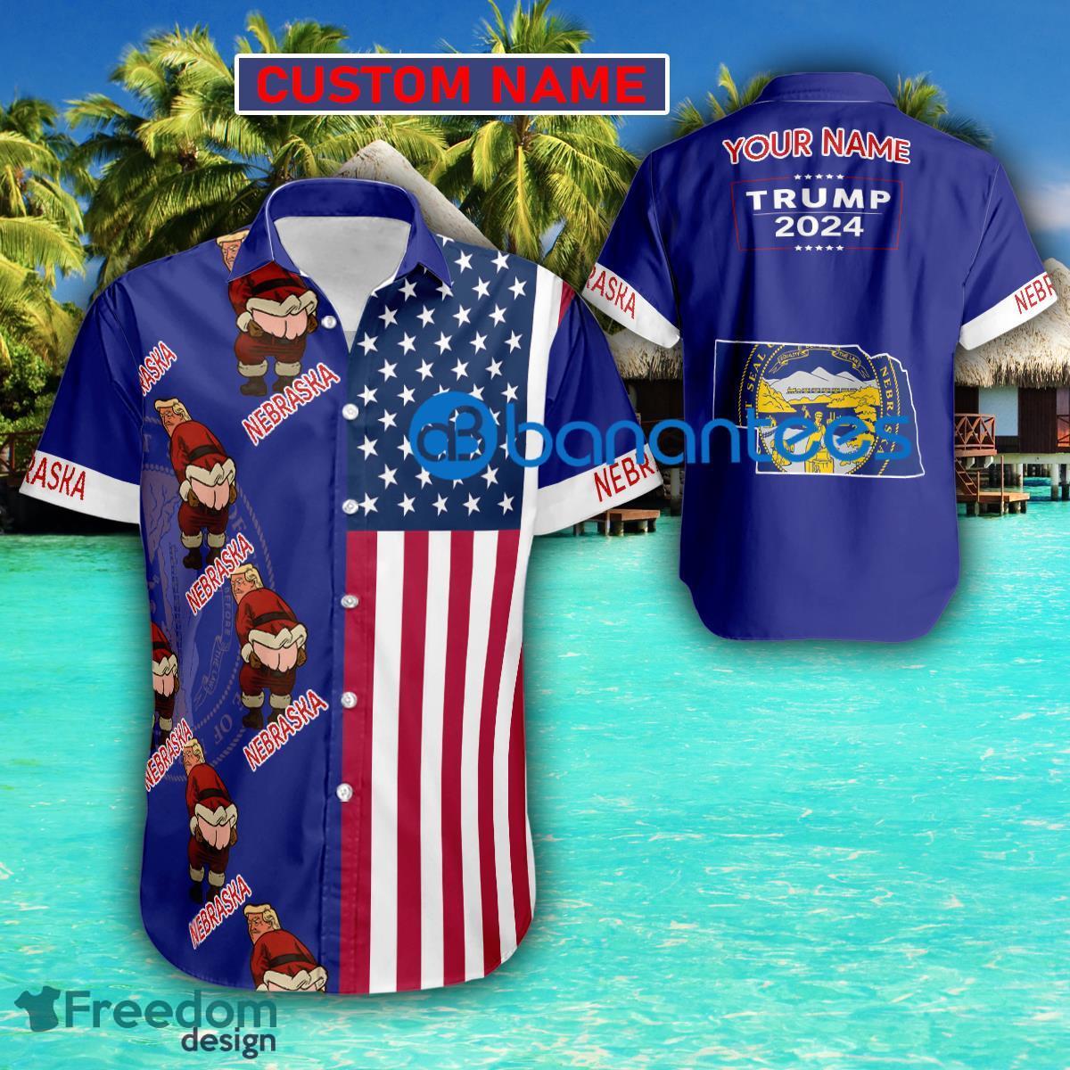 Custom Name Trump 2024 Butt Up NEBRASKA USA Flag Funny Hawaiian Shirt - Custom Name Trump 2024 Butt Up NEBRASKA USA Flag Funny Hawaiian Shirt