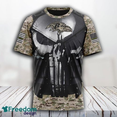 NFL Baltimore Ravens 3D T Shirt All Over Print Punisher Skull Camo Veteran Kits Custom Name And Number Shirts Product Photo 1