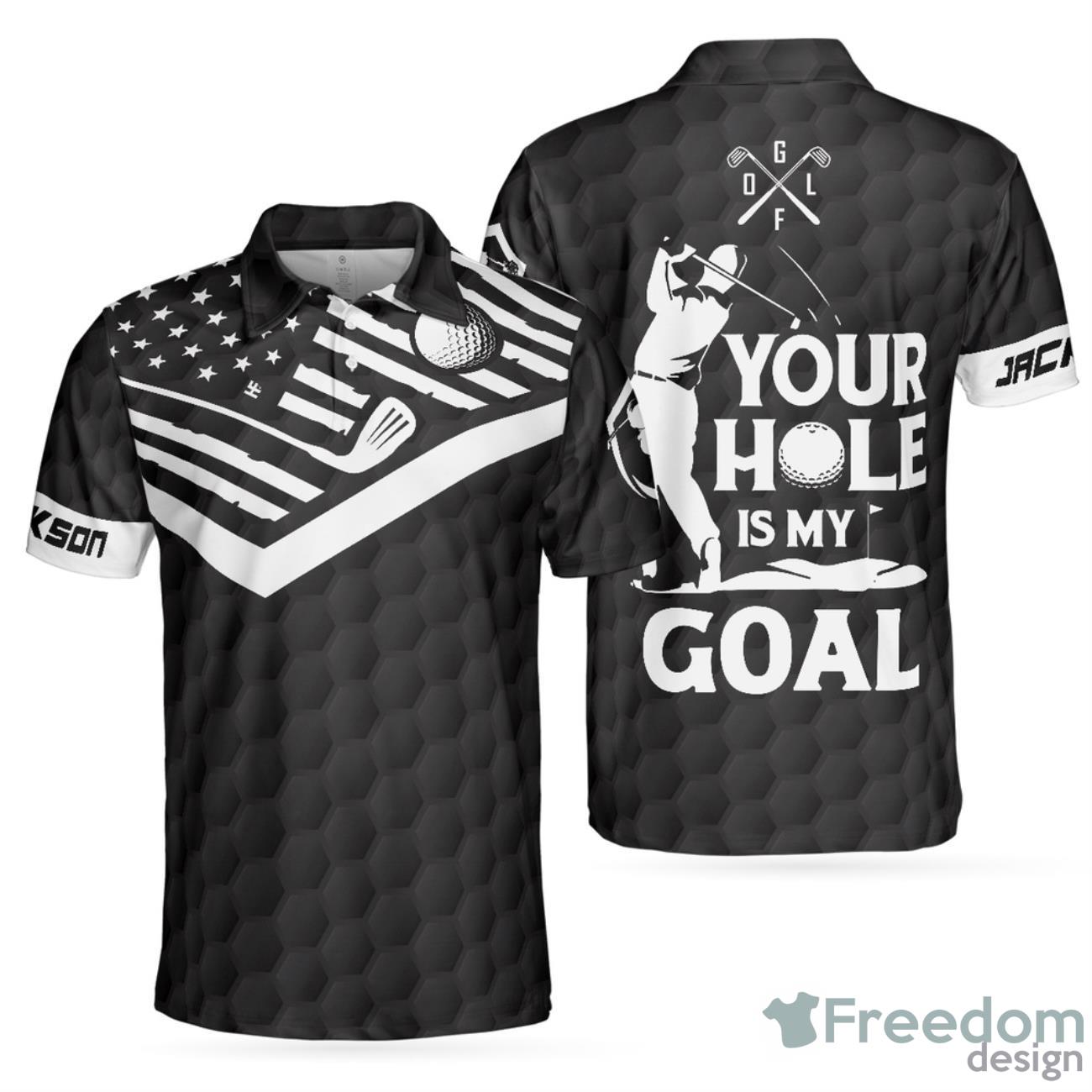 Your Hole Is My Goal Custom Name Polo Shirt Personalized Black American Flag Golf Shirt image Your Hole Is My Goal Custom Name Polo Shirt Personalized Black American Flag Golf Shirt Product Photo 1