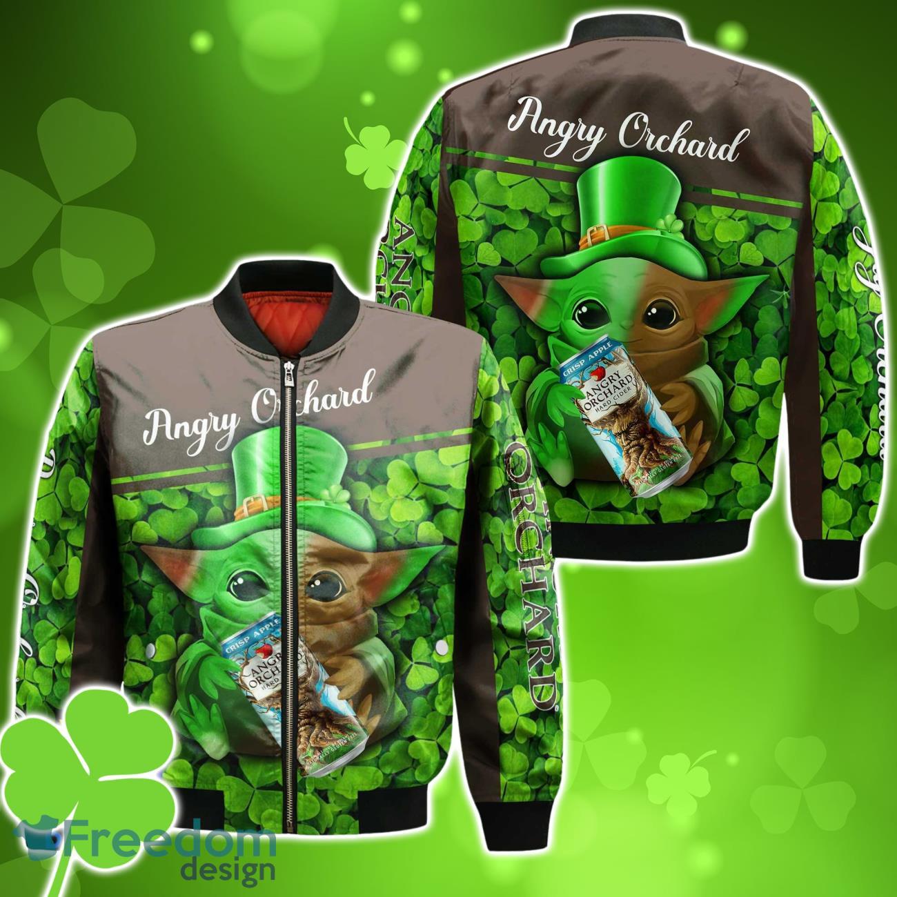 Angry Orchard Baby Yoda St Patrick’s Day Bomber 3D For Men Women image Angry Orchard Baby Yoda St Patrick’s Day Bomber 3D For Men Women Product Photo 1