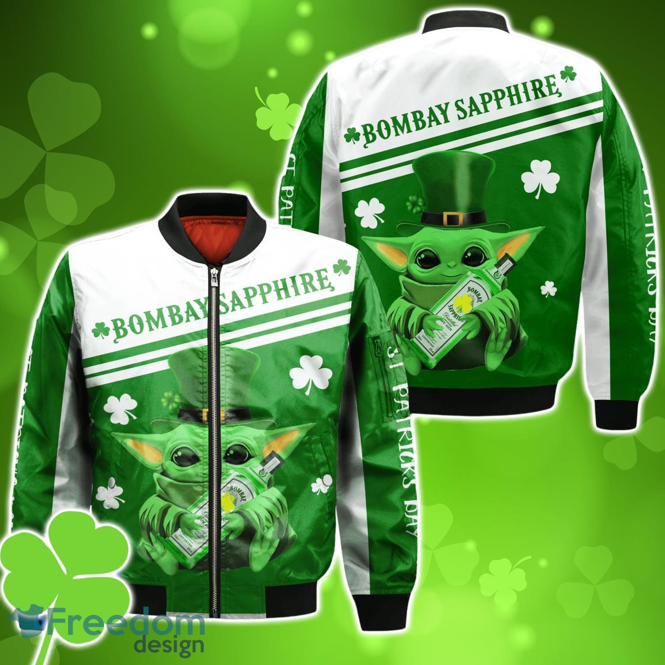 Bombay Sapphire Irish St Patrick Day Baby Yoda Bomber 3D For Men Women image Bombay Sapphire Irish St Patrick Day Baby Yoda Bomber 3D For Men Women Product Photo 1