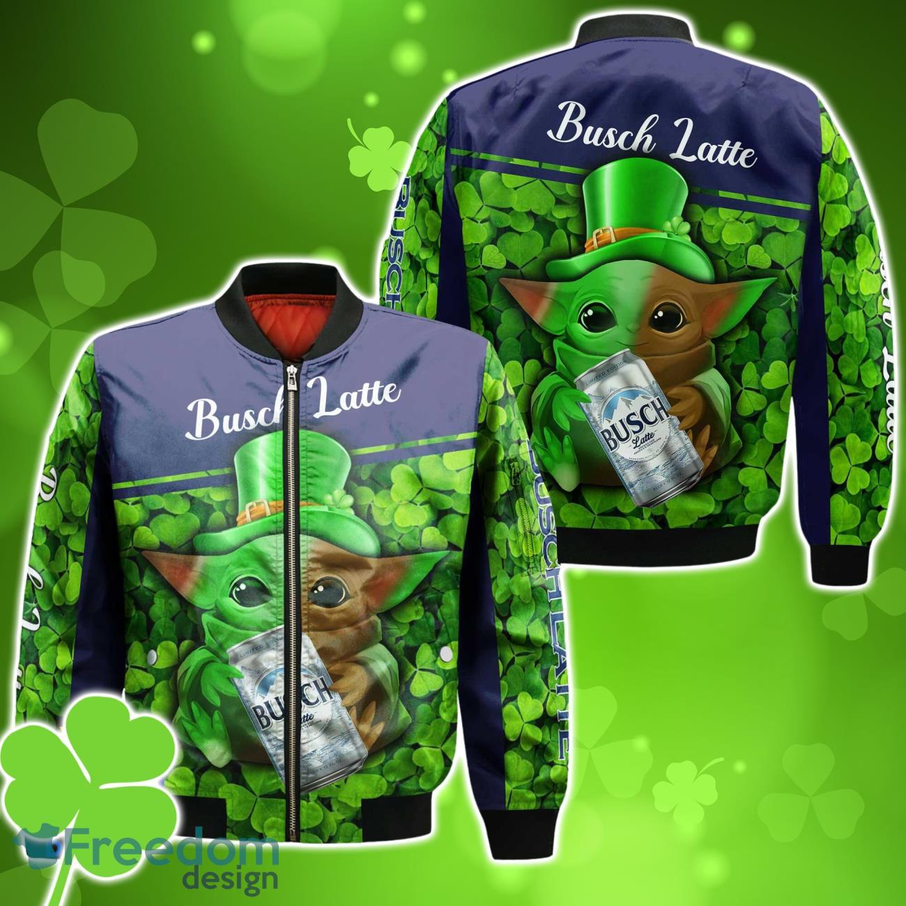 Busch Latte Baby Yoda St Patrick’s Day Bomber 3D For Men Women image Busch Latte Baby Yoda St Patrick’s Day Bomber 3D For Men Women Product Photo 1