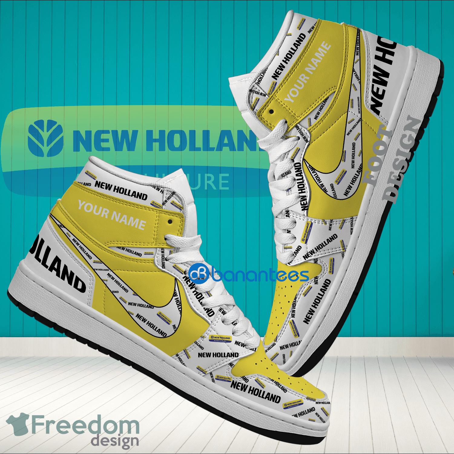Personalized Truck Farmer New Holland Logo Air Jordan Hightop 1 Shoes For Sneakers Fans - Truck Farmer New Holland Logo Air Jordan Hightop 1 Shoes Personalized Photo 1