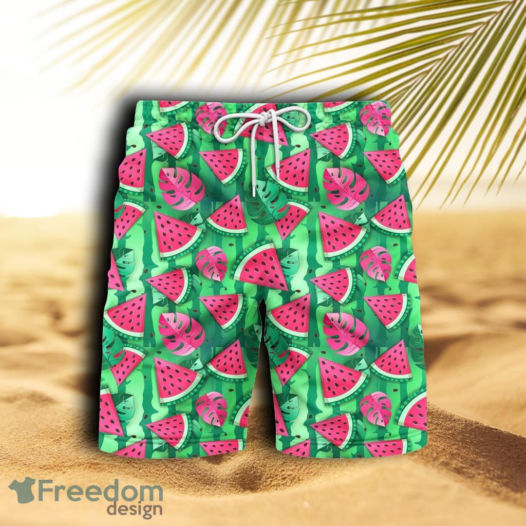 Watermelon Slices And Tropic Leaves Beach Hawaiian Shorts For Men Product Photo 1