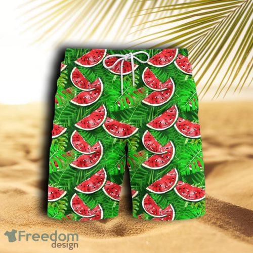 Watermelon With Tropical Leaves Beach Hawaiian Shorts For Men Product Photo 1