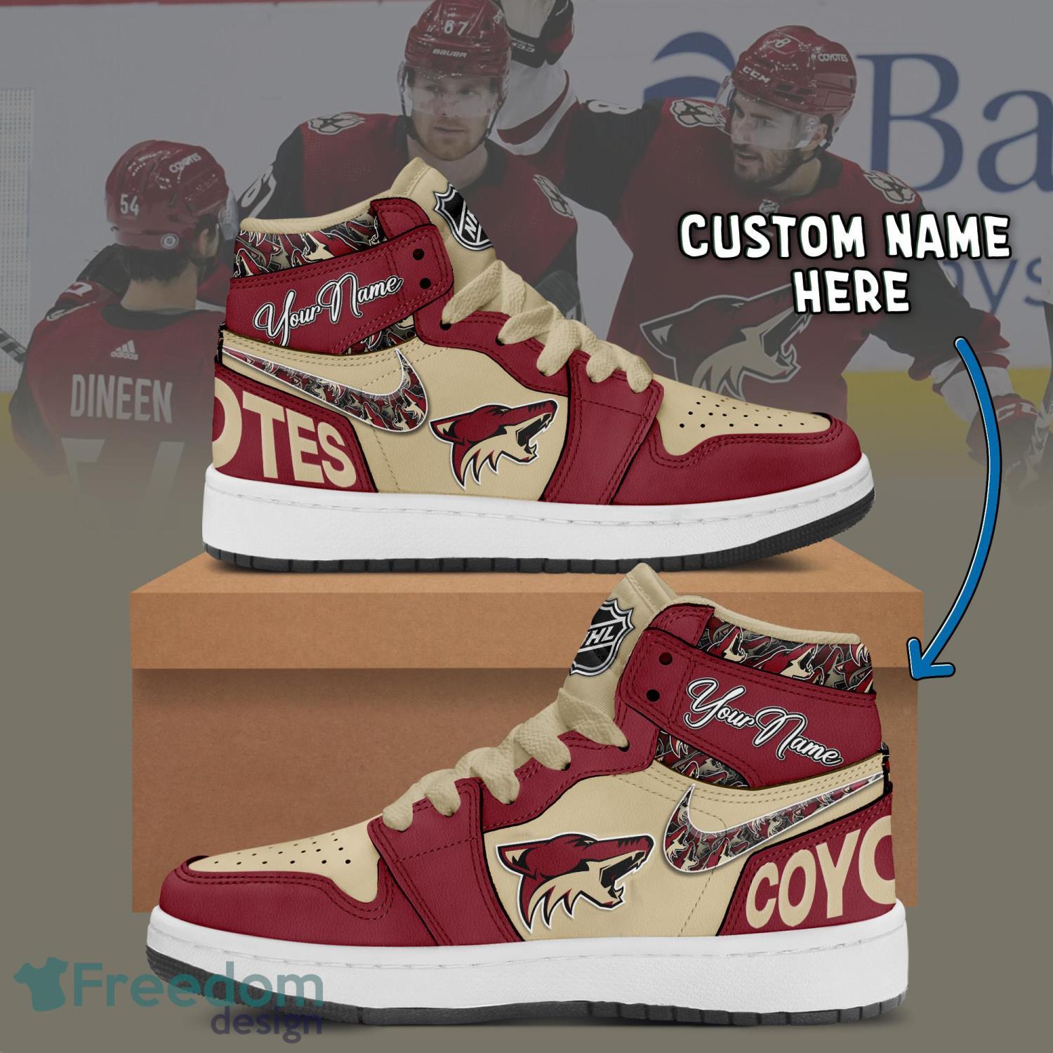 Arizona Coyotes Ciustom Name Air Jordan 1 Hightop Shoes Men Women Sneakers Gift image Arizona Coyotes Ciustom Name Air Jordan 1 Hightop Shoes Men Women Sneakers Gift Product Photo 2