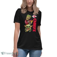 Hot Baby Yoda And Baby Groot hug Rugby Kansas City Chiefs Shirt - Women's Relaxed Short Sleeve Jersey Tee