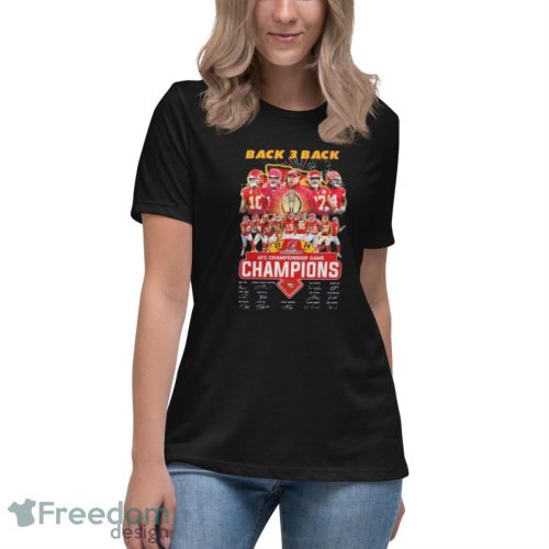 Kansas City Chiefs Back 3 Back 2023 2024 AFC Championship Game Champions Signatures Shirt - Women's Relaxed Short Sleeve Jersey Tee