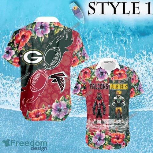 Mascot Atlanta Falcons VS NFL Green Bay Packers 3D Hawaiian Shirt Hibiscus Football For Fans - NFL Atlanta Falcons VS NFL Green Bay Packers Style 1