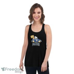 Official Peanuts Snoopy And Woodstock Drive car Indiana Pacers Basketball Shirt - Women's Flowy Racerback Tank