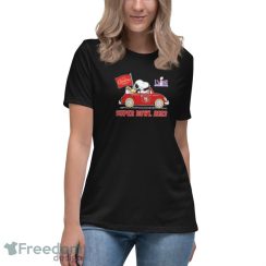 Official Peanuts Snoopy And Woodstock On Car San Francisco 49ers NFC Champions Super Bowl 2023 Shirt - Women's Relaxed Short Sleeve Jersey Tee