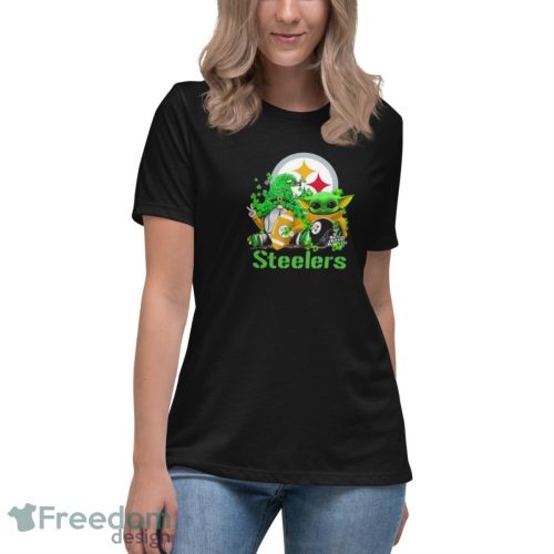 Pittsburgh Steelers Baby Yoda Happy St.Patrick’s Day Shamrock Shirt - Women's Relaxed Short Sleeve Jersey Tee