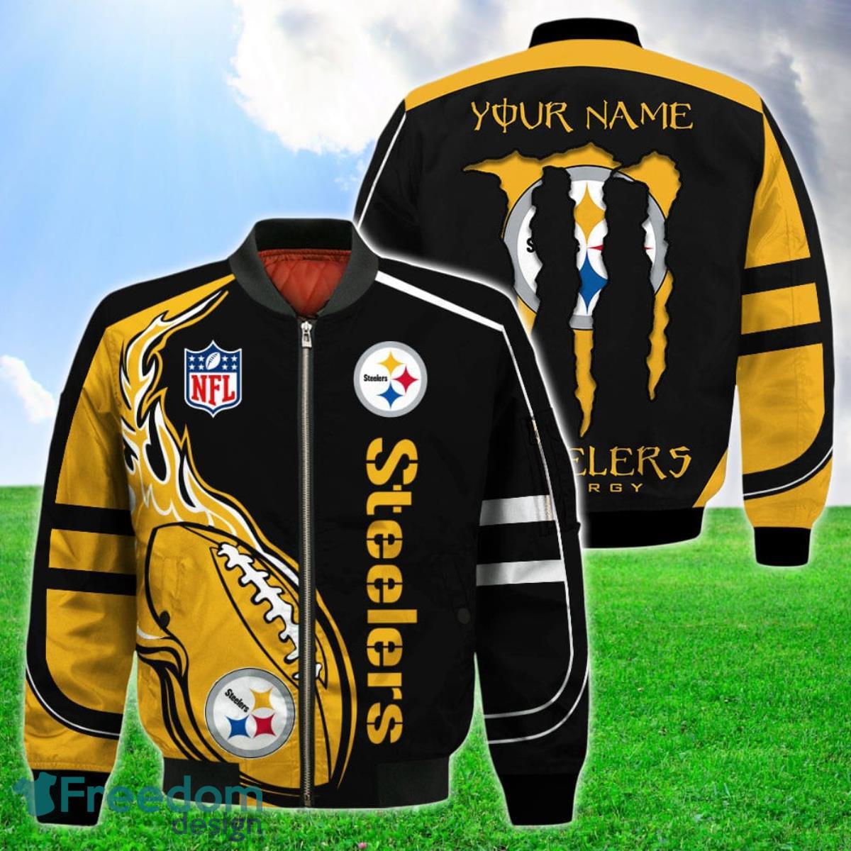 Pittsburgh Steelers Bomber 3D Jackets Style Gift Mens Monter Energy Custom Name image Pittsburgh Steelers Bomber 3D Jackets Style Gift Mens Monter Energy Custom Name Product Photo 1