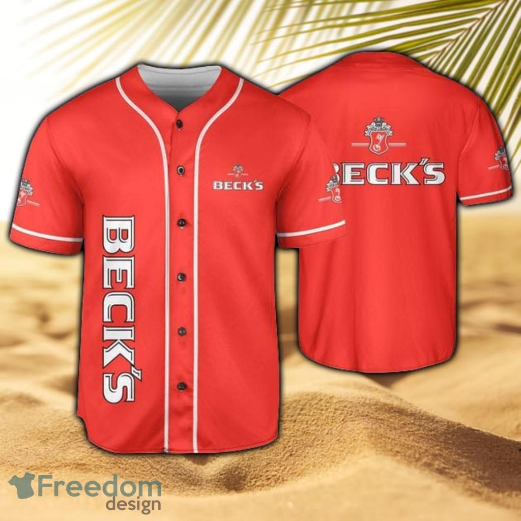 Red Beck's Beer Themed Baseball Jersey Shirt Product Photo 1