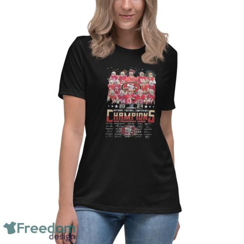 San Francisco 49ers Team Football 2024 National Football Conference Champions Signatures Shirt - Women's Relaxed Short Sleeve Jersey Tee