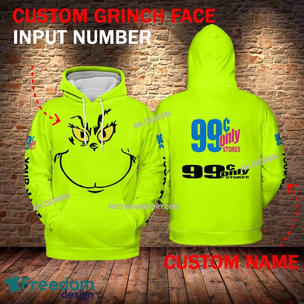 99 Cents Only Stores Grinch Face 3D Hoodie, Sweater Green Brand Full Print Custom Number And Name - Brand 99 cents only stores Grinch Face 3D Hoodie