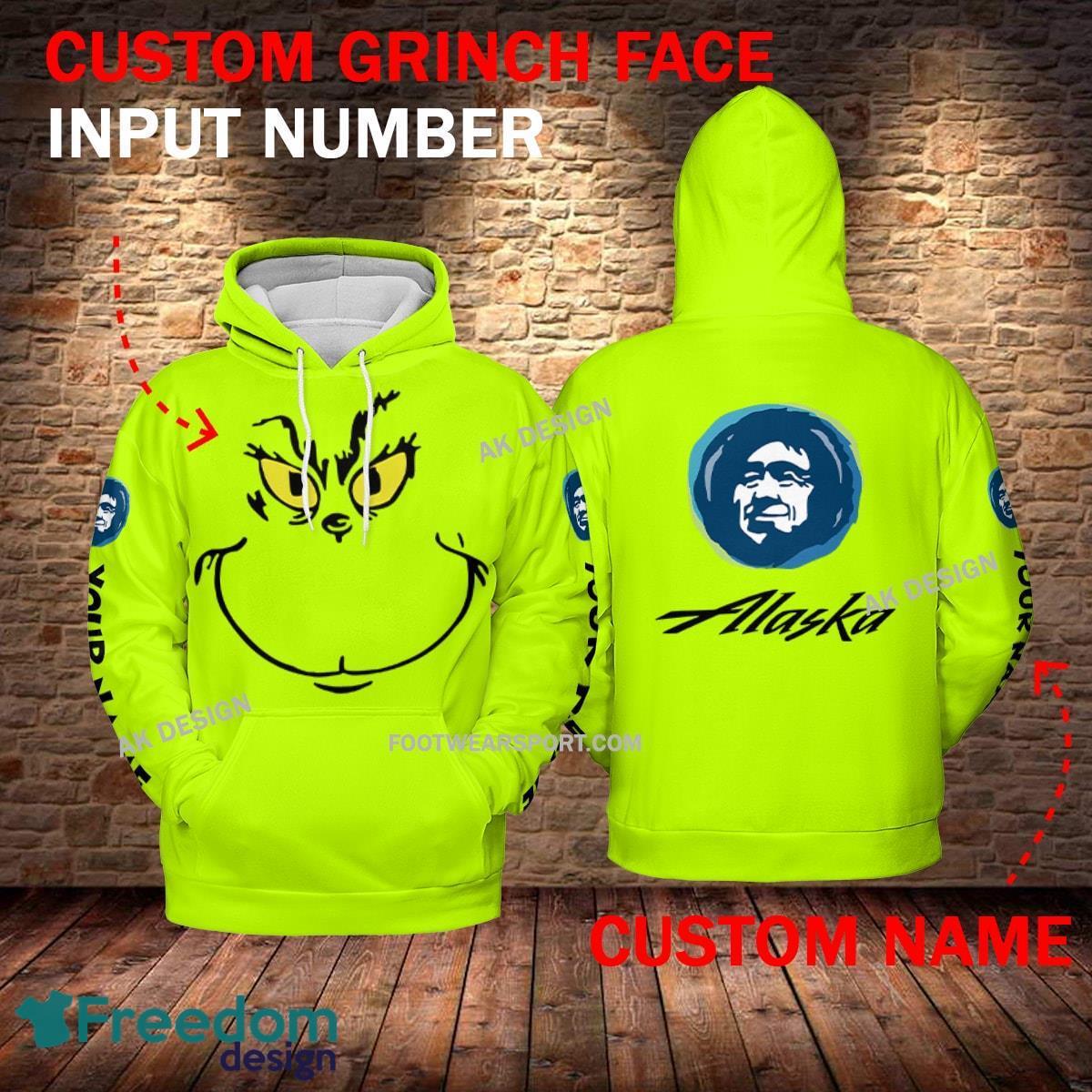 Alaska Airlines Grinch Face 3D Hoodie, Sweater Green Brand Full Print Custom Number And Name - Brand alaska airlines Grinch Face 3D Hoodie