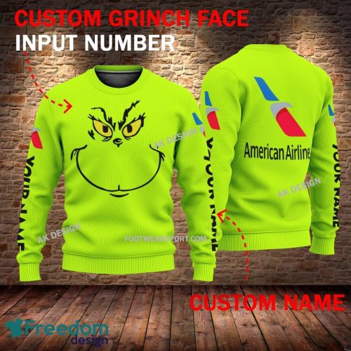 American Airline Grinch Face 3D Hoodie, Sweater Green Brand Full Print Custom Number And Name - Brand american airline Grinch Face 3D Sweater