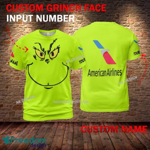 American Airline Grinch Face 3D Hoodie, Sweater Green Brand Full Print Custom Number And Name - Brand american airline Grinch Face 3D T-Shirt