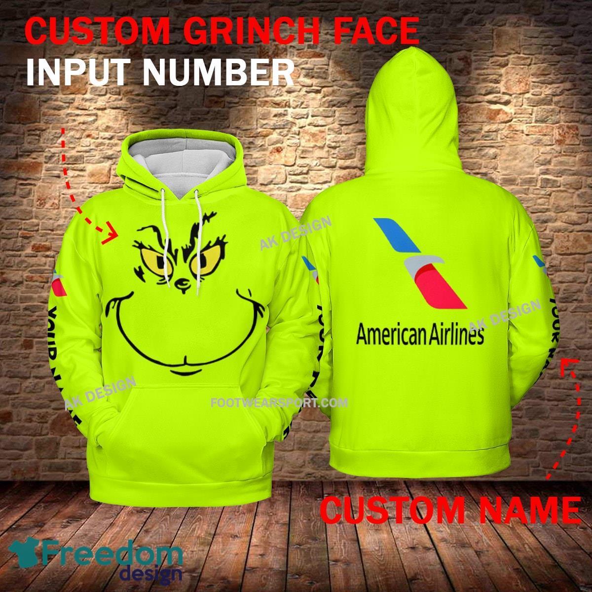 American Airline Grinch Face 3D Hoodie, Sweater Green Brand Full Print Custom Number And Name - Brand american airline Grinch Face 3D Hoodie