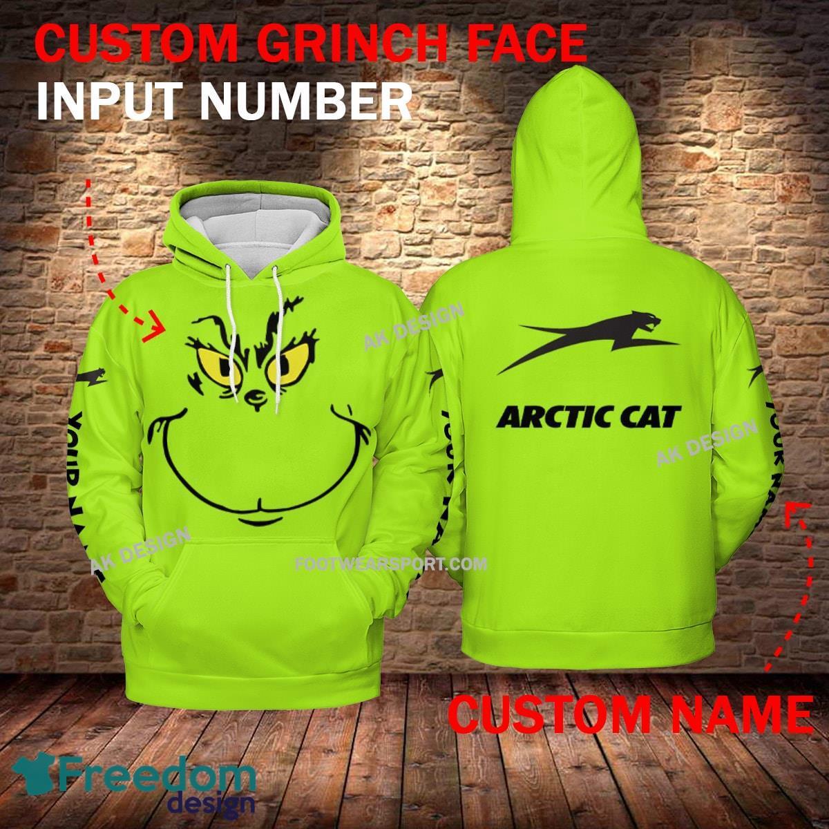 Arctic Cat Car Racing Grinch Face 3D Hoodie, Zip Hoodie Green AOP Custom Number And Name - Arctic Cat Car Racing Grinch Face 3D Hoodie