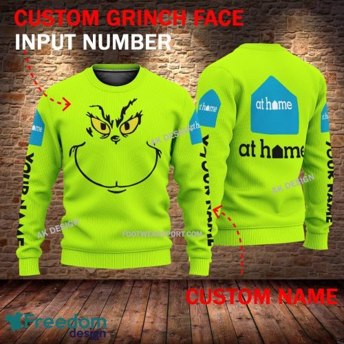 At Home Grinch Face 3D Hoodie, Sweater Green Brand Full Print Custom Number And Name - Brand at home Grinch Face 3D Sweater