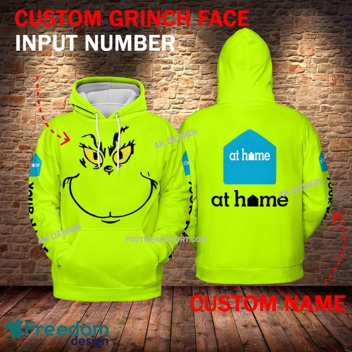 At Home Grinch Face 3D Hoodie, Sweater Green Brand Full Print Custom Number And Name - Brand at home Grinch Face 3D Hoodie