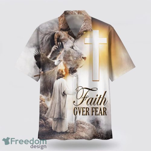 Faith Over Fear AOP Hawaiian Shirt Summer Holiday Gift Jesus And The Lion 3D Printing Summer Beach Shirt Hawaiian Shirts Product Photo 1