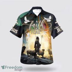 Faith Over Fear AOP Hawaiian Shirt Summer Holiday Gift Jesus And The Sheep 3D Printing Summer Beach Shirt Hawaiian Shirts Product Photo 1