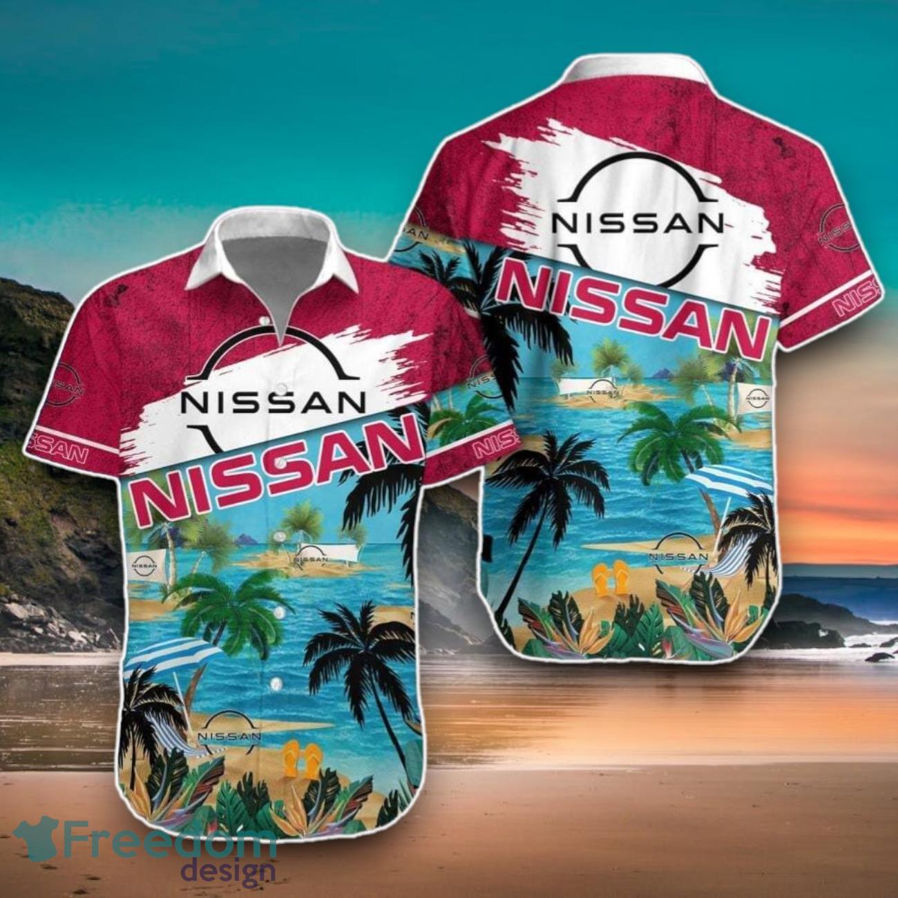 Nissan Car Hawaiian Shirt Brand Logo And Beach Coastal Island Pattern Design Product Photo 1