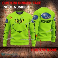 subaru STI Car Racing Grinch Face 3D Hoodie, Zip Hoodie Green AOP Custom Number And Name - subaru STI Car Racing Grinch Face 3D Sweater