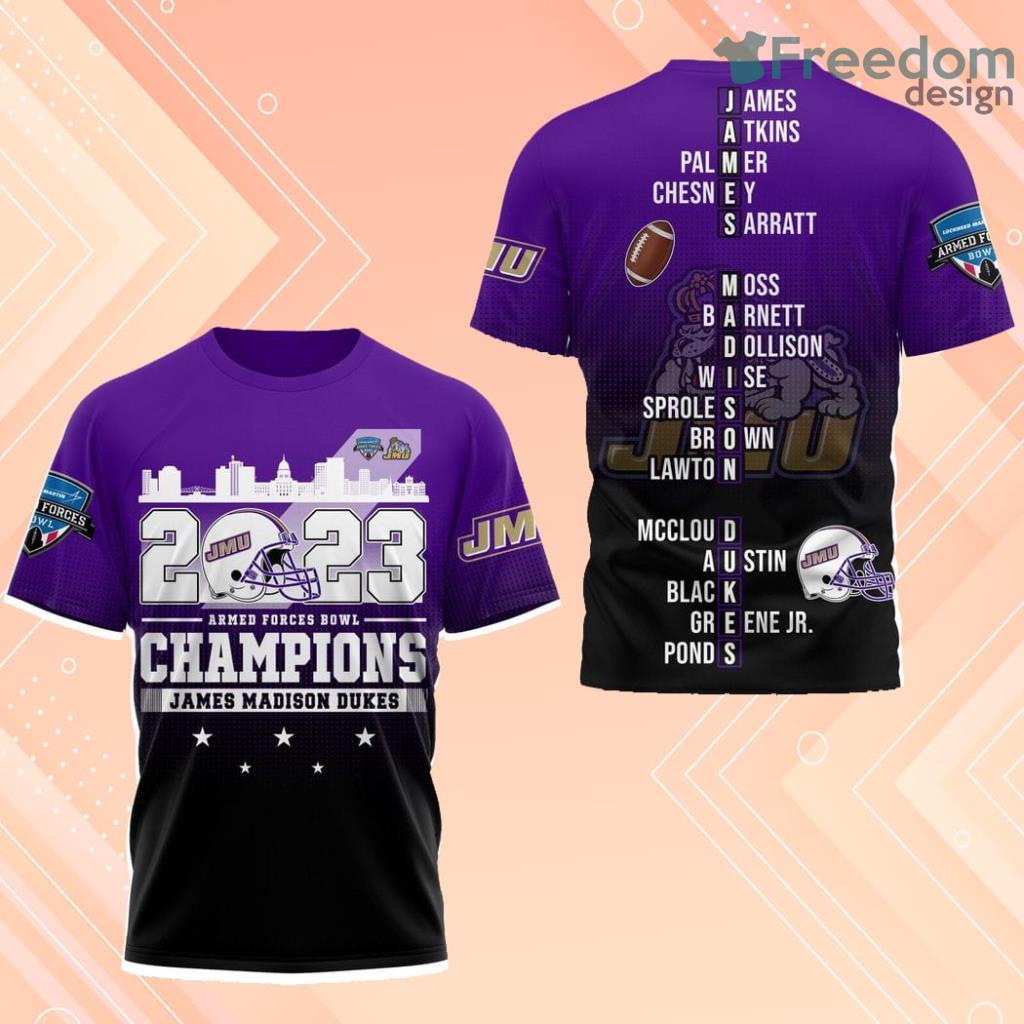 2023 Armed Forces Bowl Champions James Madison Dukes 3D Shirt For Fans image 2023 Armed Forces Bowl Champions James Madison Dukes 3D Shirt For Fans Product Photo 1