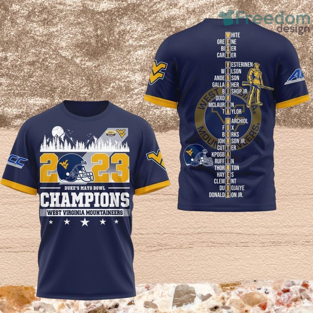 2023 Duke's Mayo Bowl Champions West Virginia Mountaineers 3D Shirt For Fans image 2023 Duke's Mayo Bowl Champions West Virginia Mountaineers 3D Shirt For Fans