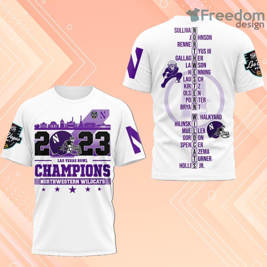 2023 Las Vegas Bowl Champions Northwestern Wildcats 3D Shirt White For Fans image 2023 Las Vegas Bowl Champions Northwestern Wildcats 3D Shirt White For Fans Product Photo 1