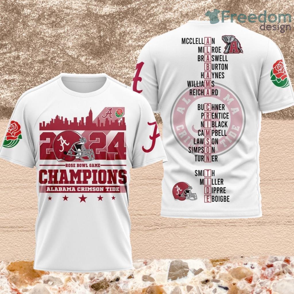 2024 Rose Bowl Game Champions Alabama Crimson Tide 3D Shirt White For Fans image 2024 Rose Bowl Game Champions Alabama Crimson Tide 3D Shirt White For Fans Product Photo 1