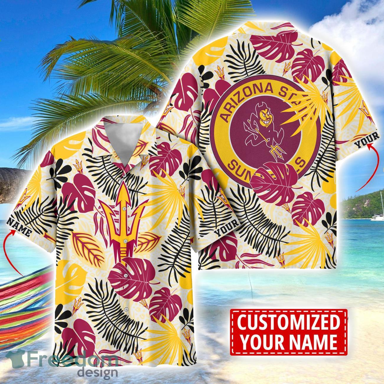 Arizona State Sun Devils Aloha Hawaiian Shirt Custom Name Summer Gift Holiday Team Shirt image Arizona State Sun Devils Aloha Hawaiian Shirt Custom Name Summer Gift Holiday Team Shirt Product Photo 1