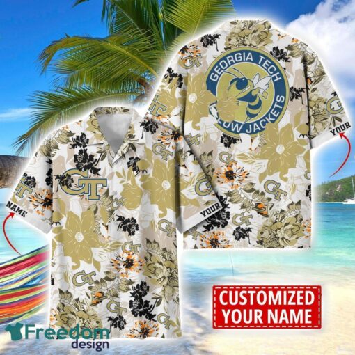 Georgia Tech Yellow Jackets Aloha 3D Hawaiian Shirt Flower Sport Team Beach Shirt Custom Name Product Photo 1