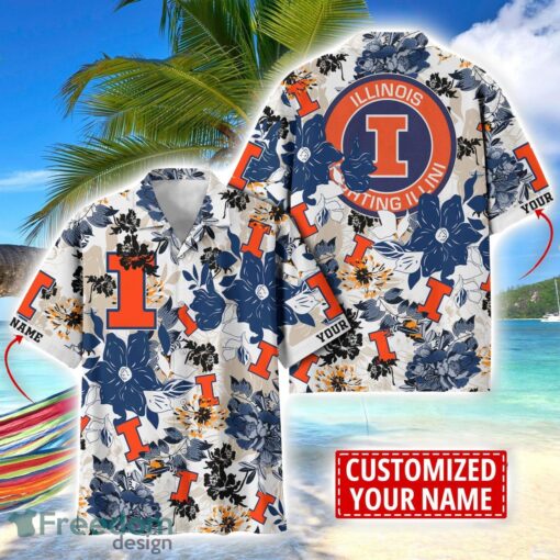 Illinois Fighting Illini Aloha 3D Hawaiian Shirt Flower Sport Team Beach Shirt Custom Name