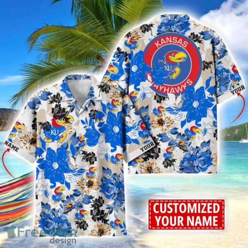 Kansas Jayhawks Aloha 3D Hawaiian Shirt Flower Sport Team Beach Shirt Custom Name Product Photo 1