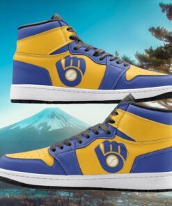 MLB Milwaukee Brewers Custom Yellow Blue Air Jordan Hightop Shoes