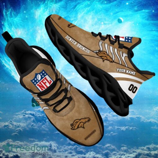 NFL Denver Broncos Logo Design Background Brown Gift Shoes For Fans Custom Name And Number Max Shoes Product Photo 1