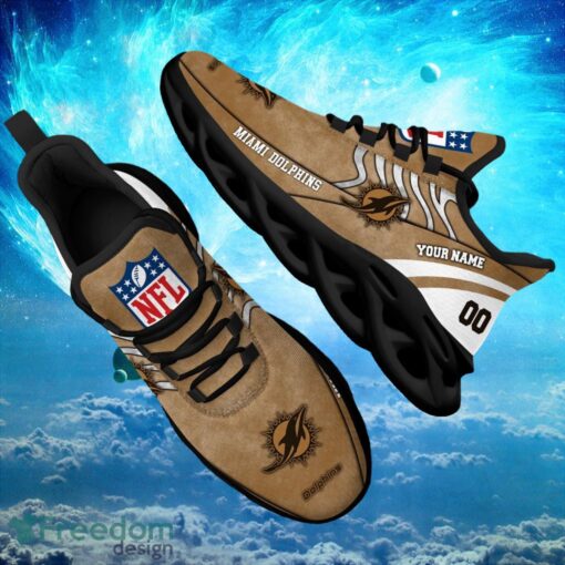 NFL Miami Dolphins Logo Design Background Brown Gift Shoes For Fans Custom Name And Number Max Shoes Product Photo 1