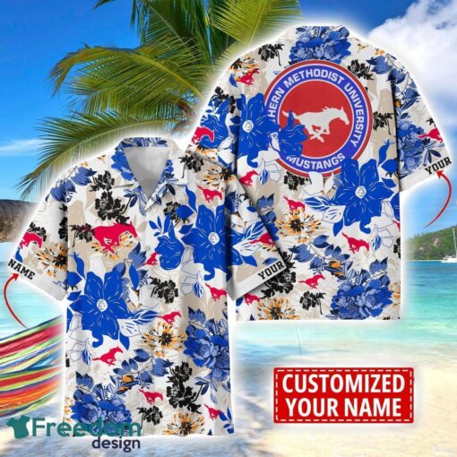 SMU Mustangs Aloha 3D Hawaiian Shirt Flower Sport Team Beach Shirt Custom Name Product Photo 1