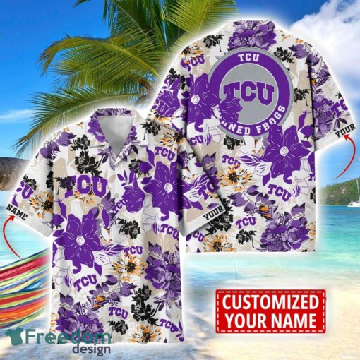 TCU Horned Frogs Aloha 3D Hawaiian Shirt Flower Sport Team Beach Shirt Custom Name Product Photo 1