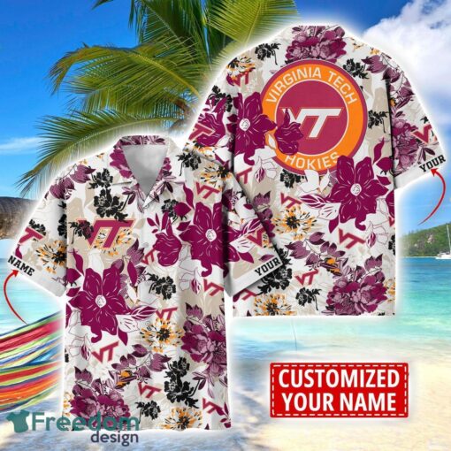 Virginia Tech Hokies Aloha 3D Hawaiian Shirt Flower Sport Team Beach Shirt Custom Name Product Photo 1