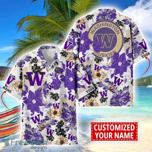 Washington Huskies Aloha 3D Hawaiian Shirt Flower Sport Team Beach Shirt Custom Name Product Photo 1