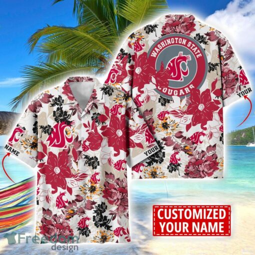 Washington State Cougars Aloha 3D Hawaiian Shirt Flower Sport Team Beach Shirt Custom Name Product Photo 1